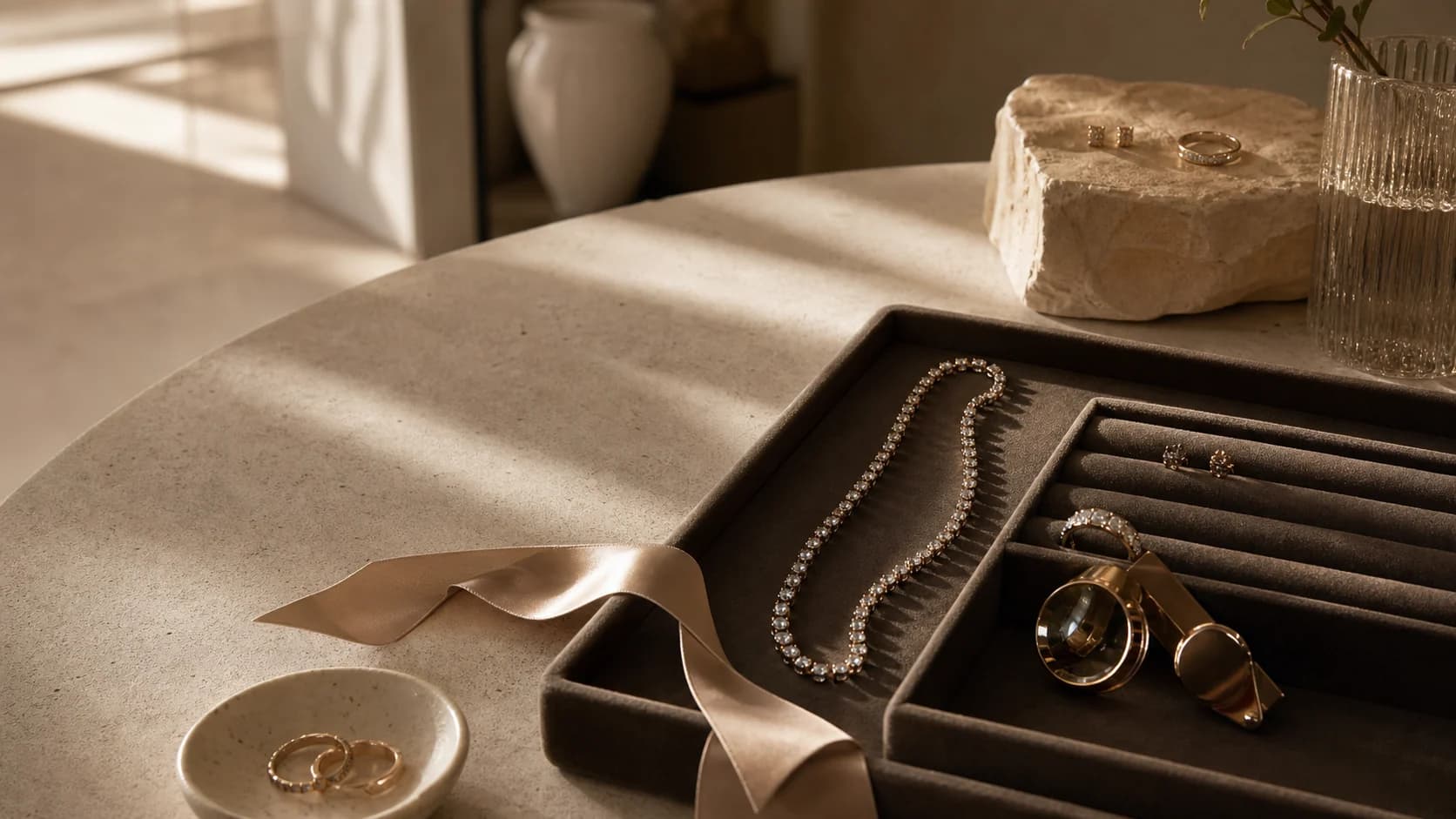 Mesa de atelier con joyería fina preparada para una cita privada