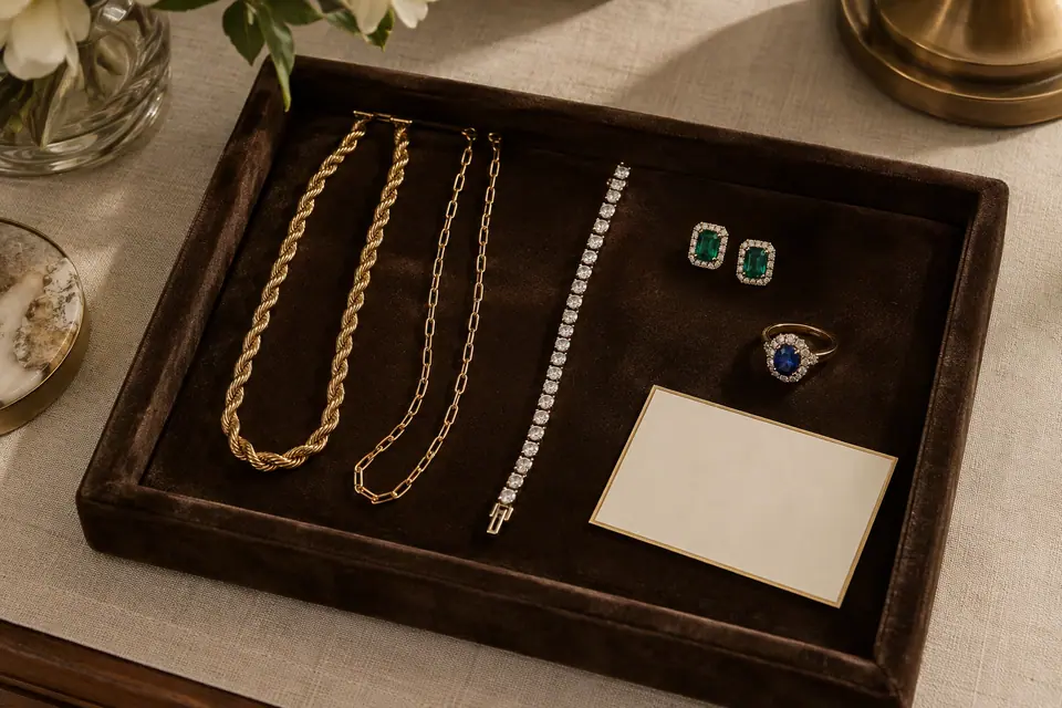 Charola de terciopelo con cadenas de oro, una pulsera de diamantes, aretes de esmeralda y un anillo de zafiro, junto a una tarjeta en blanco