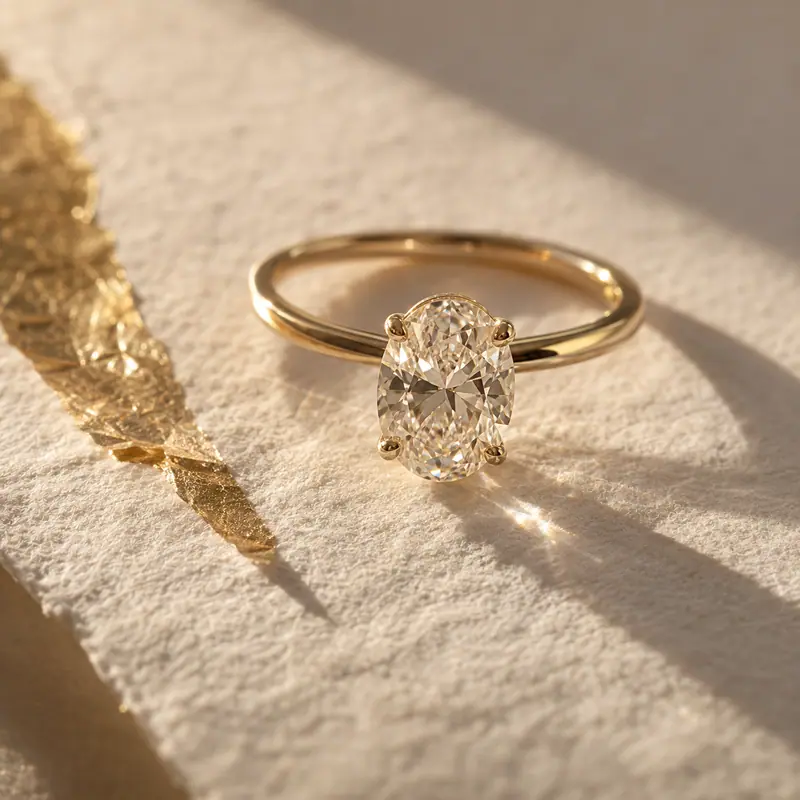 Anillo solitario de diamante oval en oro amarillo sobre papel de algodón, con luz de tarde