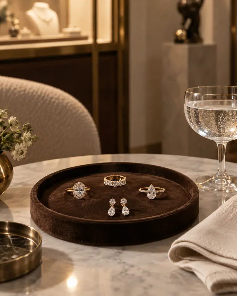 Mesa de mármol del showroom con una charola de terciopelo, anillos y aretes de diamante, una copa de agua y una servilleta de lino