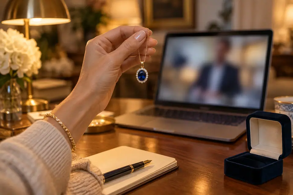 Mano sosteniendo un colgante de zafiro frente a una laptop con una videollamada, junto a un estuche de anillo abierto